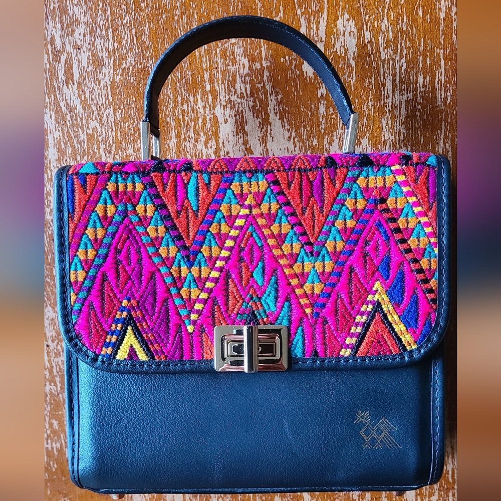 Colorful Hand Made Embroidered Huipil Women's Crossbody Black Leather Bag